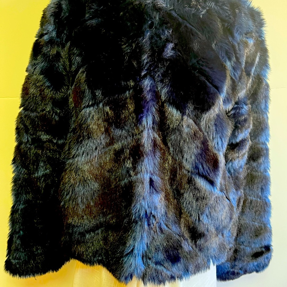 Navy & Black Striped Faux Fur Waist Jacket